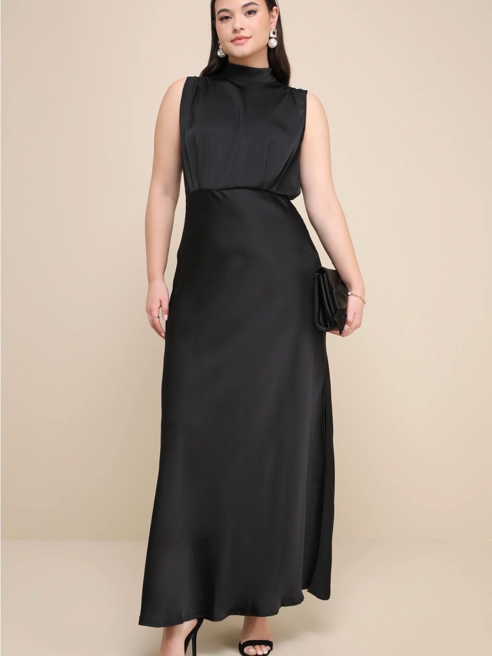 Lulu's Classic Elegance Black Satin Sleeveless Mock Neck Maxi Dress